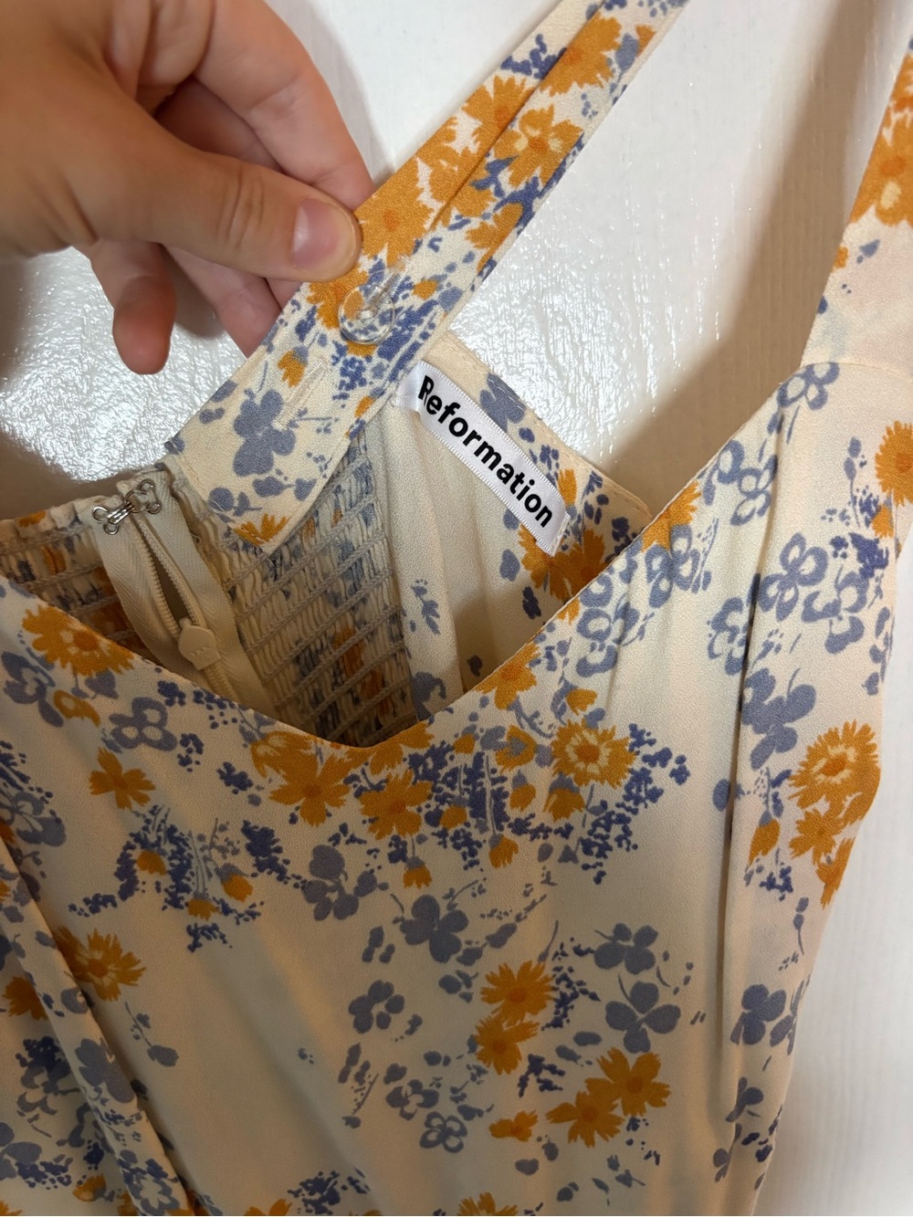Reformation Cream Midi Dress with Yellow and Blue Floral Print